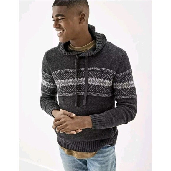 American Eagle Outfitters Other - American Eagle Midweight Knit Sweater Hoodie Gray Stripe Pocket Mens Sz S EUC